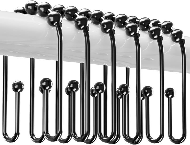 Resze U Shaped Shower Curtain Hooks Rings,12 Pcs Durable Rust Resistant Metal Shower Hooks, Double Glide Smoothly Anti-Drop Shower Rings for Shower Curtain Rod,Black - Image 1